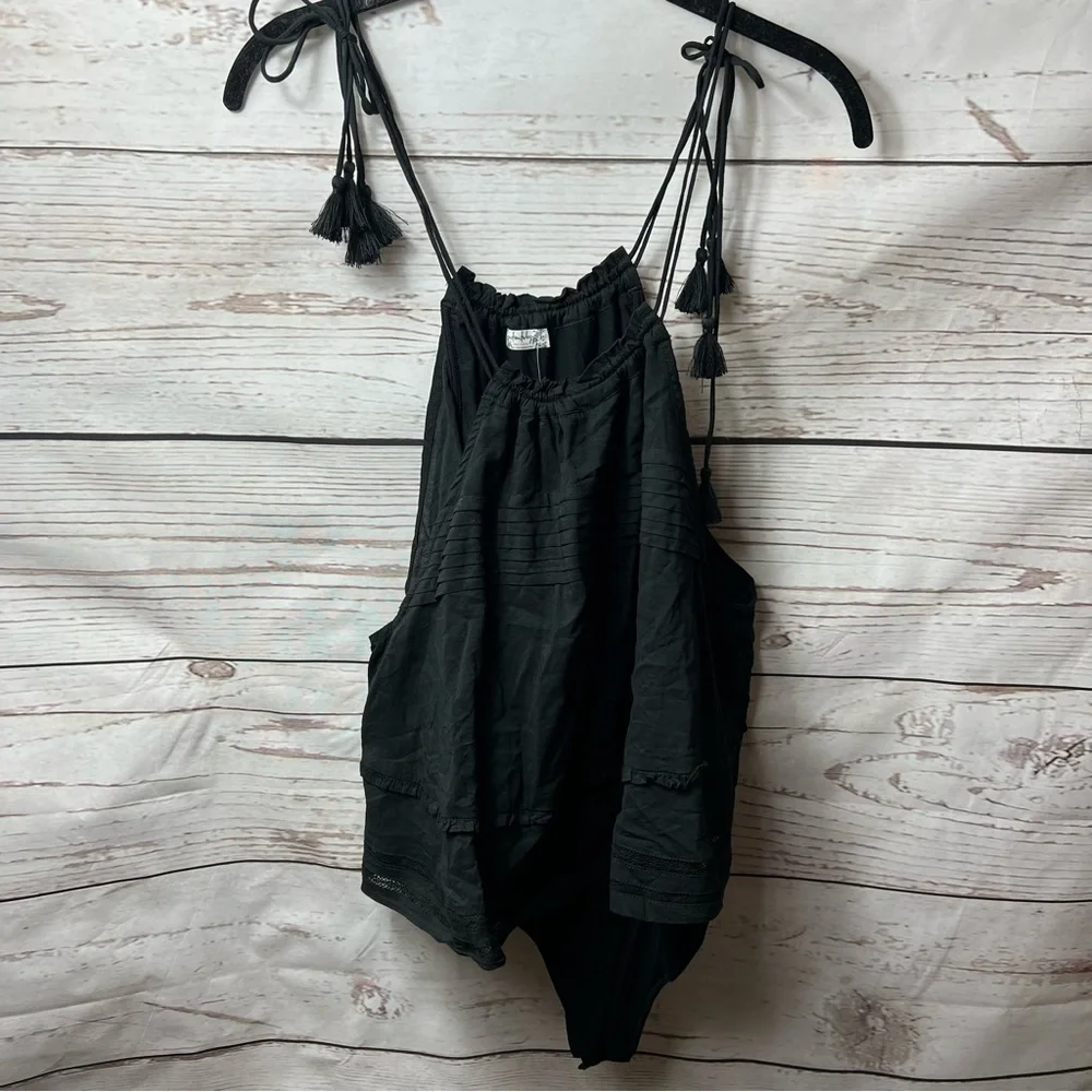 🔥Hp🔥Nwt Free People Intimately Black Trust Me Bodysuit Ruffle Tassel Top Small